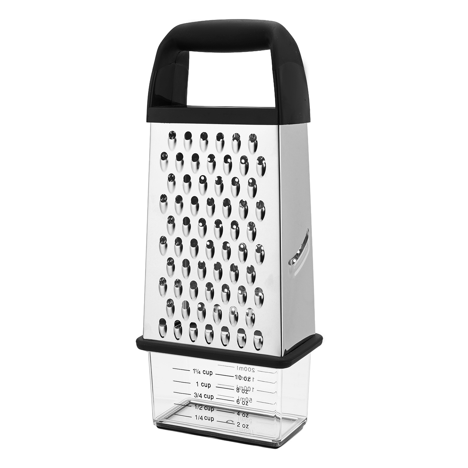 A stainless steel four-sided grater with a bottom box, a vegetable, fruit and potato slicer, a multi-shavings and puree slicer for household use Item Picture