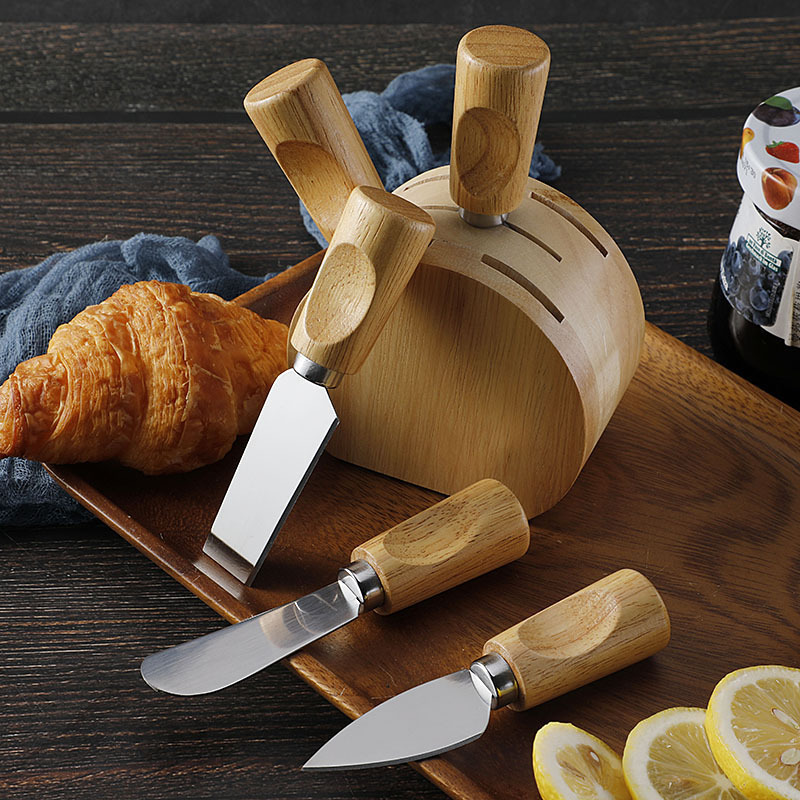 Cross-border stock rubber wood base cheese knife set, stainless steel cheese knife, cream knife, cheese knife and fork set, 5 pieces Application Scenario