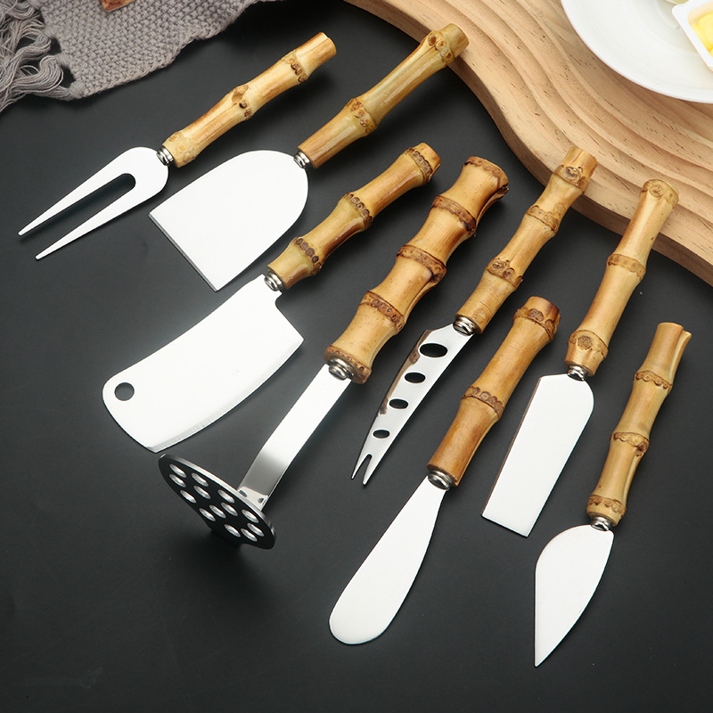 Natural bamboo-handled cheese cream knife, pizza knife, cheese and cheese knife, spatula, potato puree, stainless steel butter knife full figure