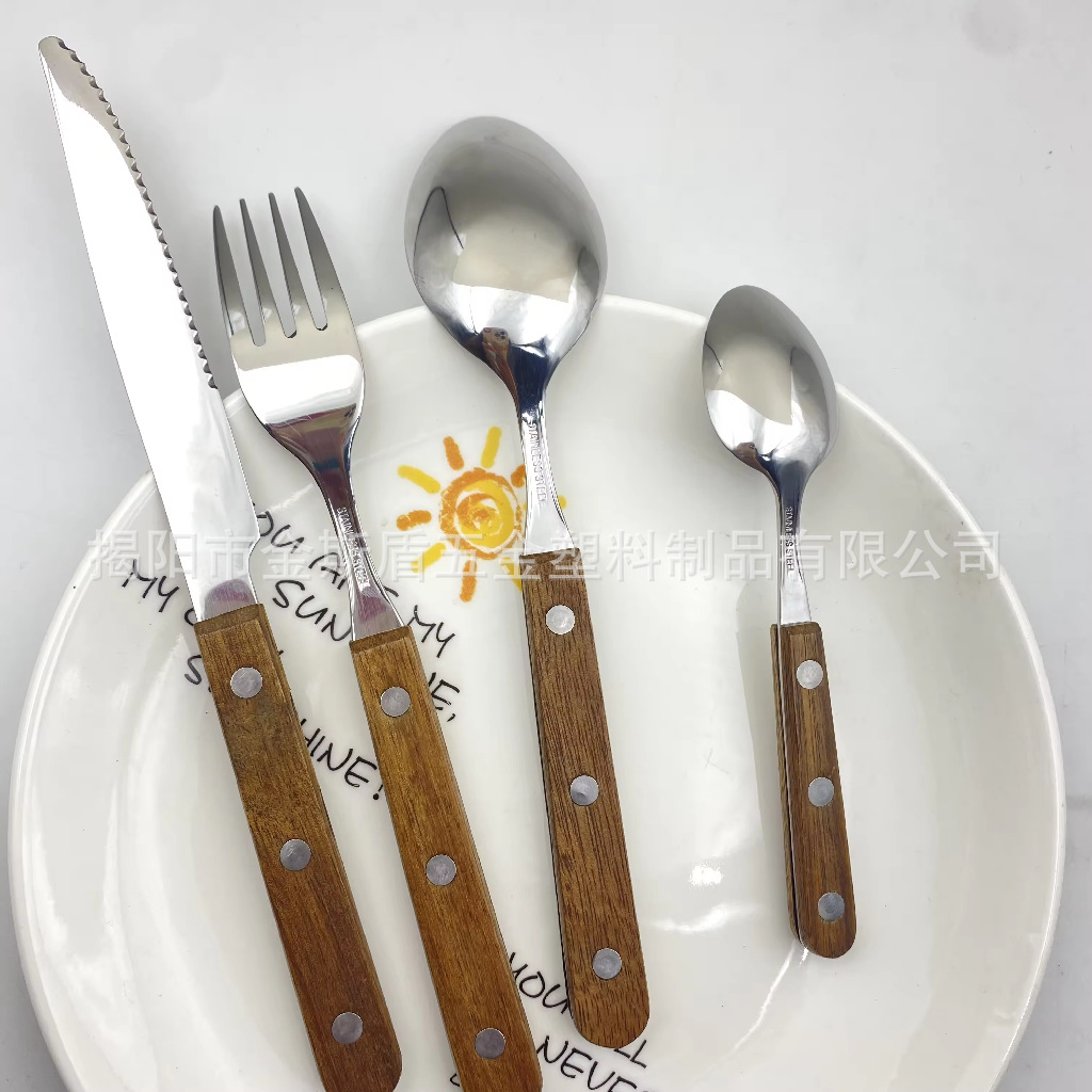 Wholesale Western cuisine knife, fork, spoon, stainless steel steak knife, rosewood handle steak knife, 4-piece set of Western daily utensils Specification drawing