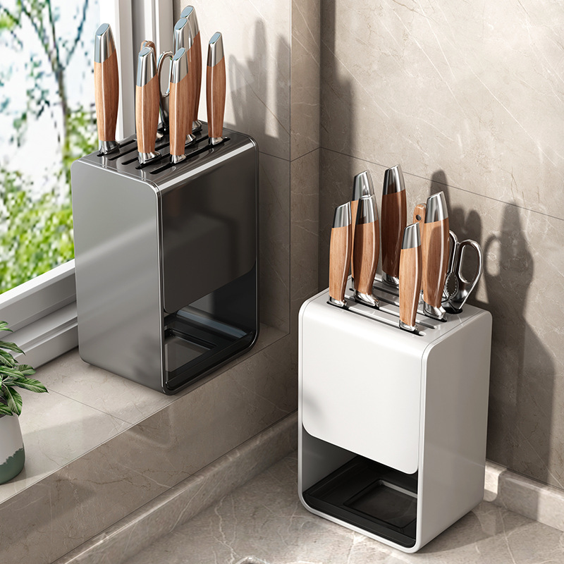 This wall-mounted floor-standing kitchen knife rack is a dual-purpose storage box for kitchen knives, with a knife seat and a draining tray full figure