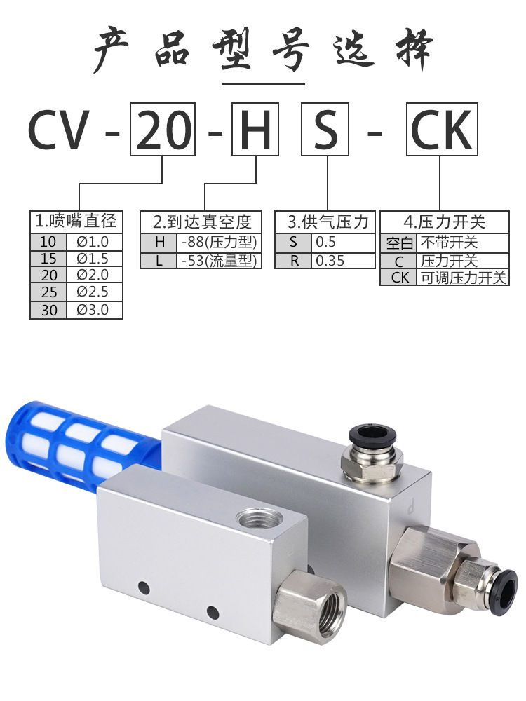 Pneumatic vacuum generator with high suction force and large flow rate CV/EV-10HS/15/20/25/30HS negative pressure controller details Picture