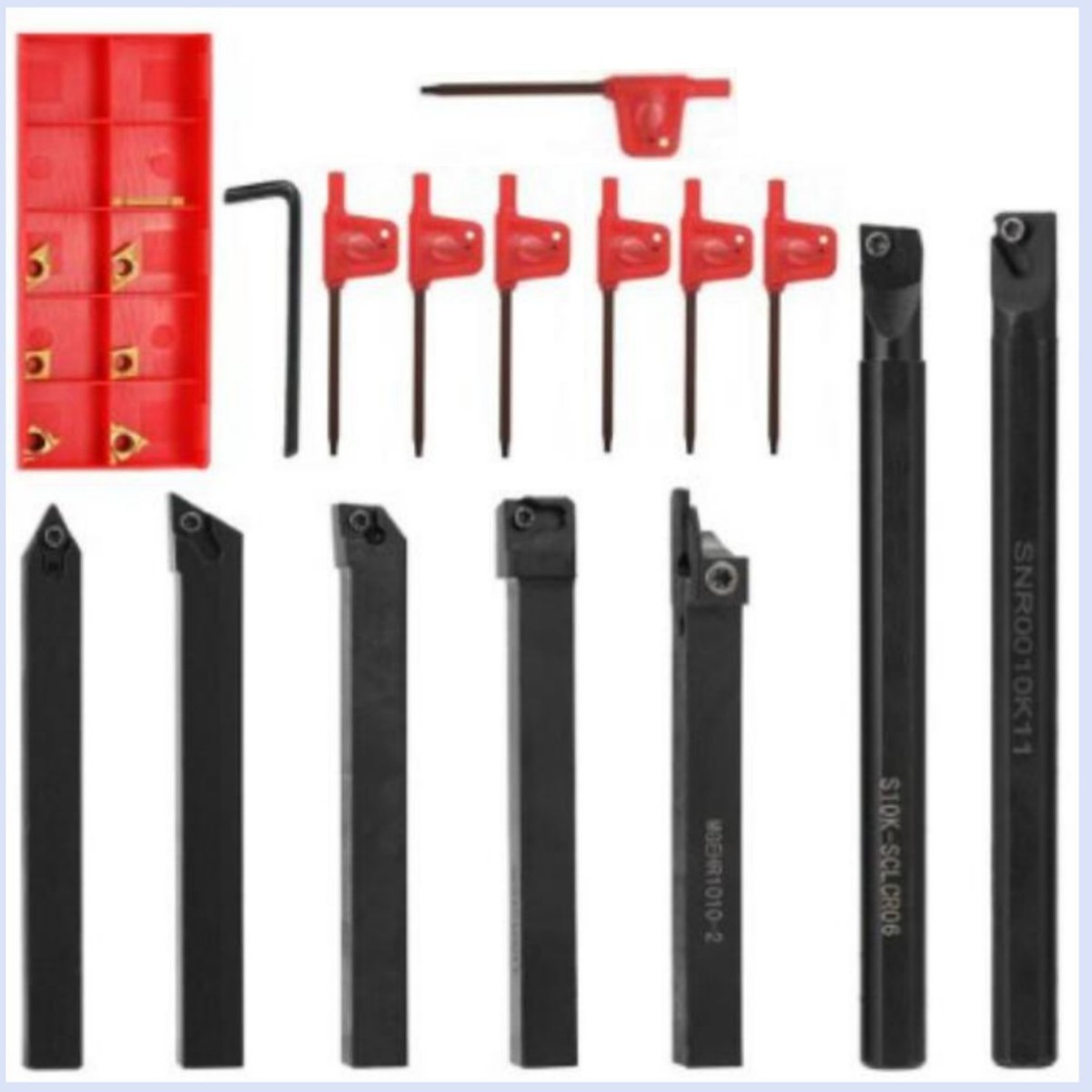 A 7-piece set of 10MM CNC tool holder with 7 golden blades and a wrench full figure