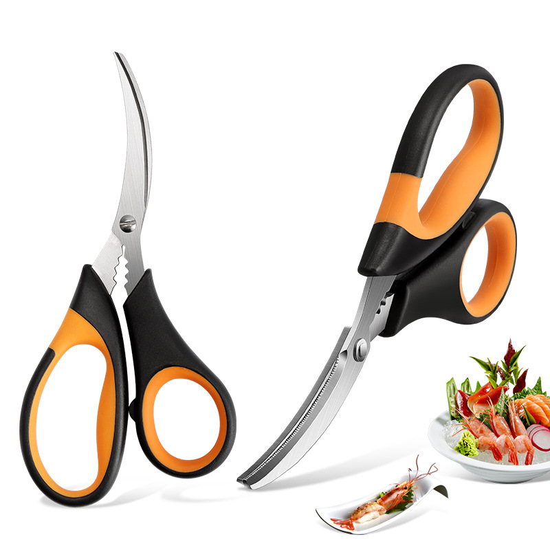 Wholesale stainless steel seafood scissors, kitchen shrimp peeling scissors, shrimp string removal scissors, lobster scissors, crab scissors full figure