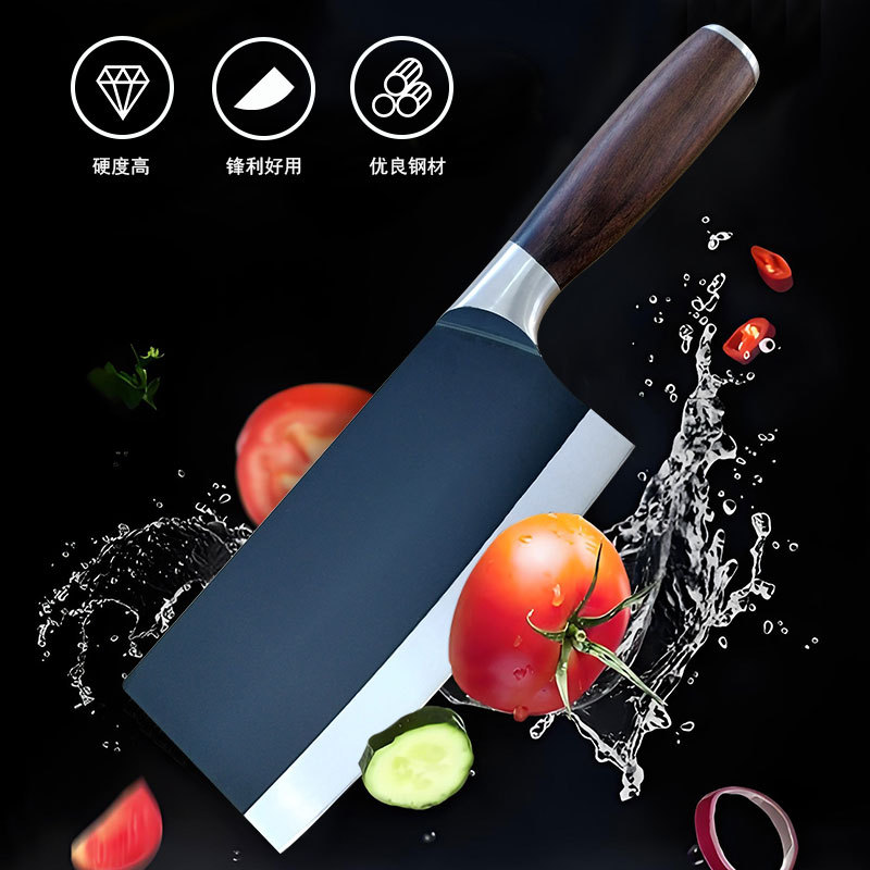 Solid wood handle black knife, kitchen knife, chopping knife, kitchen household meat slicing knife, bone chopping knife details Picture