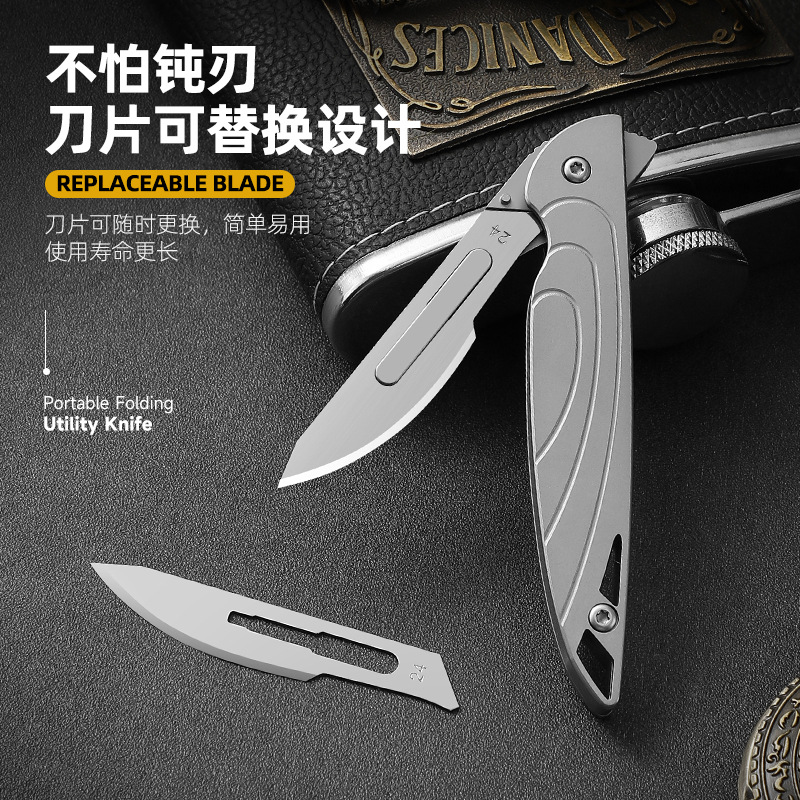 Stainless steel folding utility knife, convenient paper cutter, replace 24-blade household fruit knife, outdoor emergency details Picture
