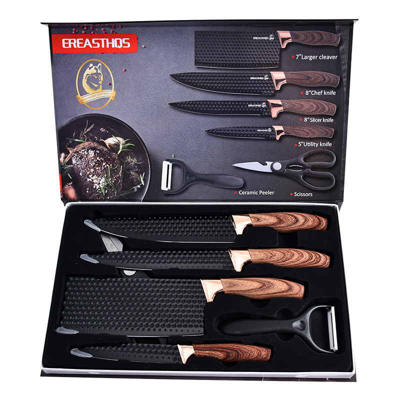 Wholesale foreign trade cross-border kitchenware six-piece set with round barrel knife holder, cover handle kitchenware, kitchen knife, chef knife, kitchenware set Item Picture