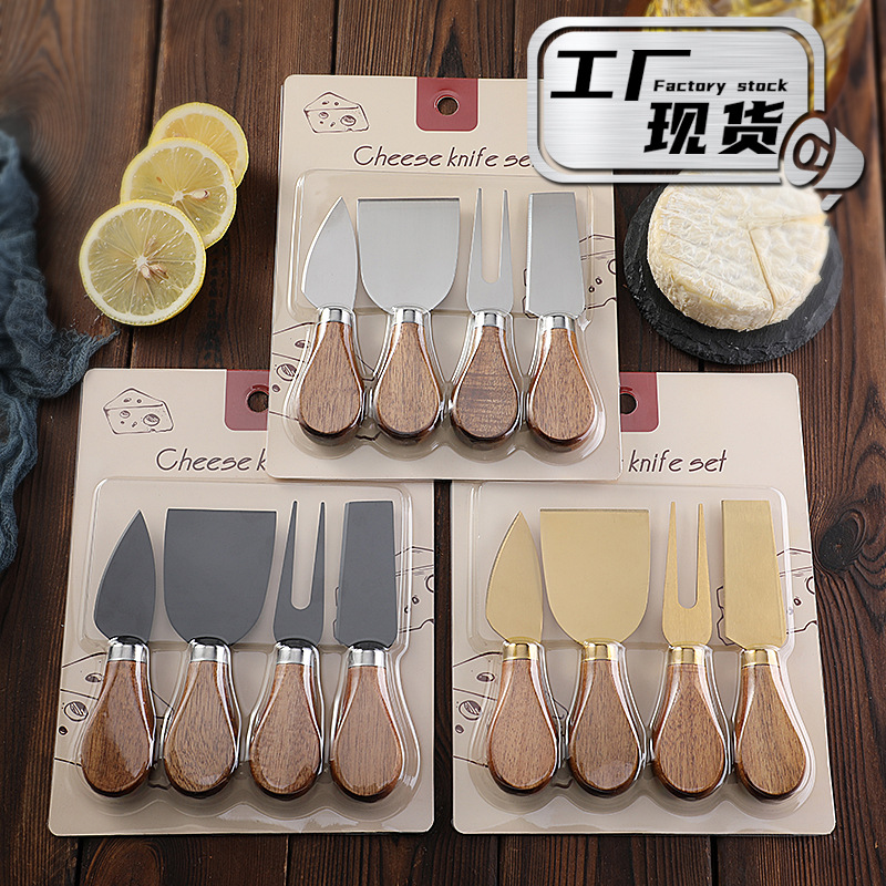 Cross-border love wooden handle cheese knife, cheese knife, stainless steel cheese tools, knife, fork and card 4-piece cheese knife set full figure