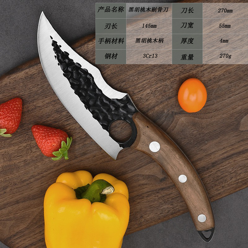 New wooden-handled pig slaughtering knife, hammer-textured forged boning knife, slaughtering knife, meat cutting knife, stainless steel sharp boning knife details Picture