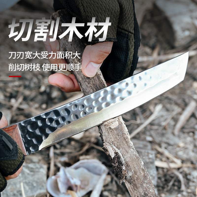 The manufacturer exclusively supplies stainless steel hammer-textured outdoor knives with solid wood handles and mirror finish, multi-functional outdoor camping knives Application Scenario