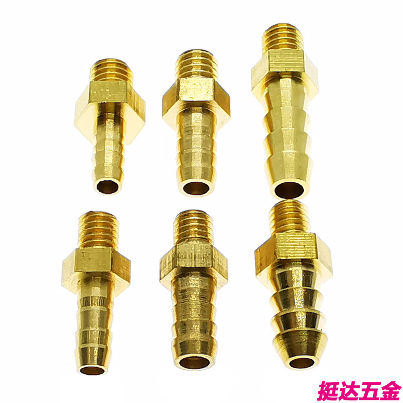 Miniature pagoda mini short external thread M5, M6, M8 copper 3, 4, 5, 6, 8 mm flexible hose, rubber hose and air hose joint Specification drawing