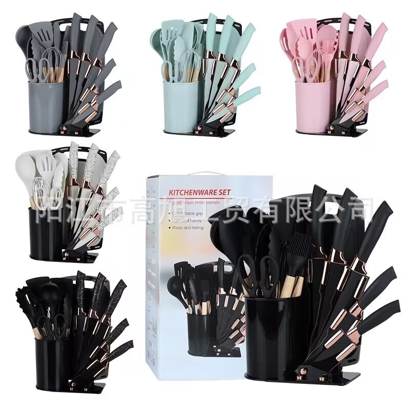 Factory stock batch of 19-piece sets of new silicone kitchenware, kitchen knives, non-stick pan spatulas, soup spoons and cooking tools full figure