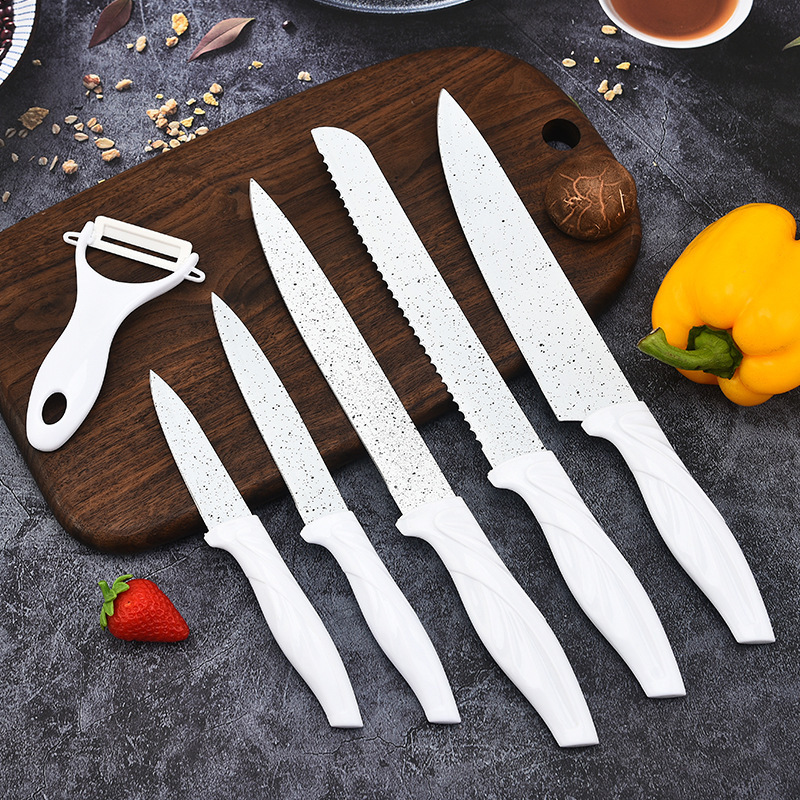 Wholesale stainless steel household kitchen white painted phoenix tail six-piece knife set gift knife set in stock details Picture
