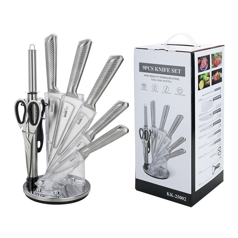 Jiameikang stainless Steel knife Set, all-steel knife set, kitchen knife, Nine-piece knife set, cross-border hollow handle gift knife set Item Picture