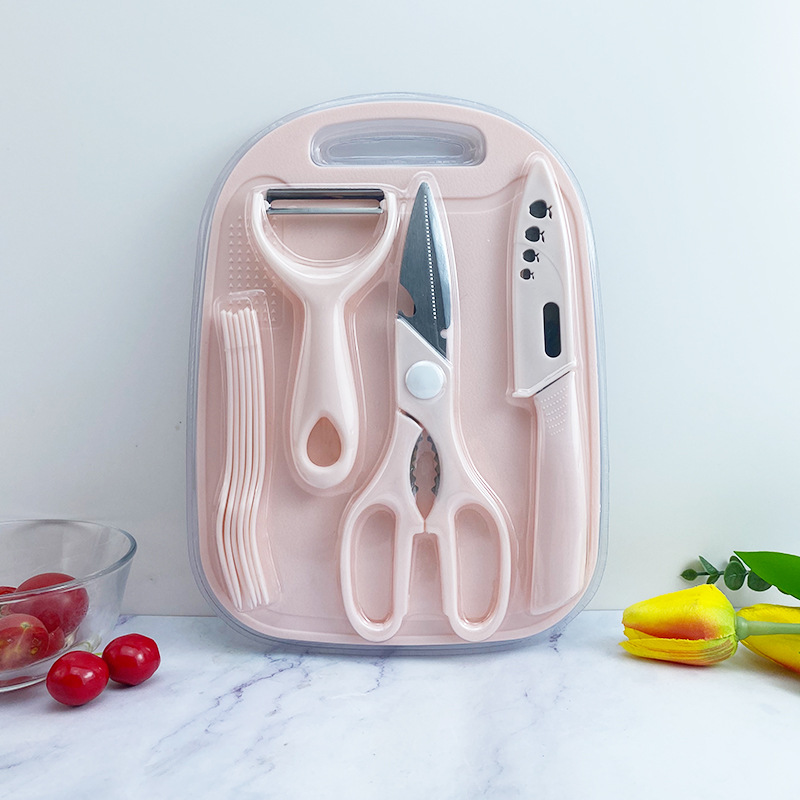 Stainless steel fruit knife five-piece set, children's complementary food knives, kitchen cutting board, cutting board, peeler, scissors and fork set full figure