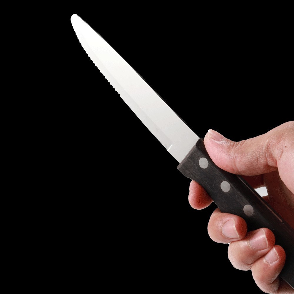 In stock: Cross-border semi-serrated large steak knife for cakes, Western-style black color wooden handle steak knife details Picture