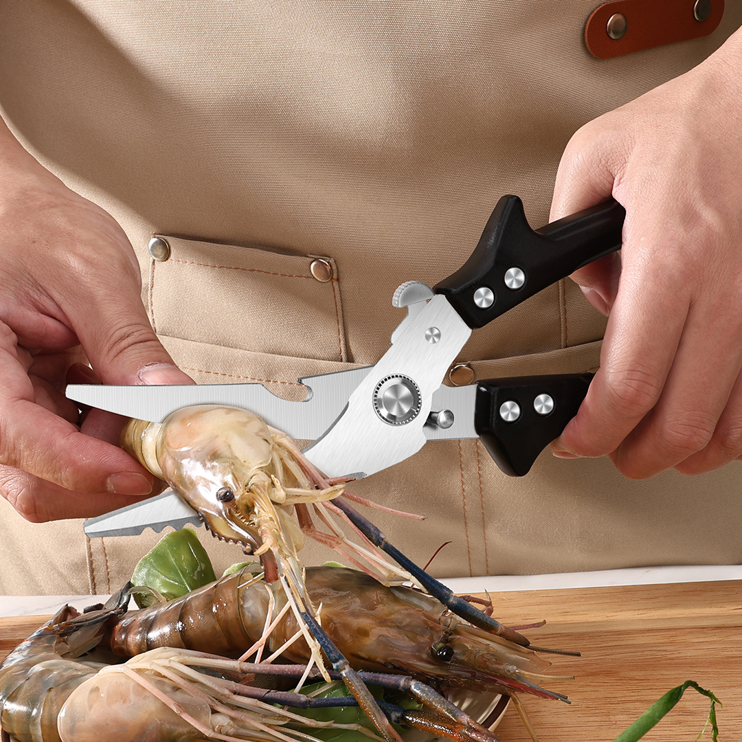 In-stock kitchen stainless steel chicken bone scissors, household powerful scissors, multi-functional fish-killing wonder, springback disassemblable chicken bone scissors Specification drawing