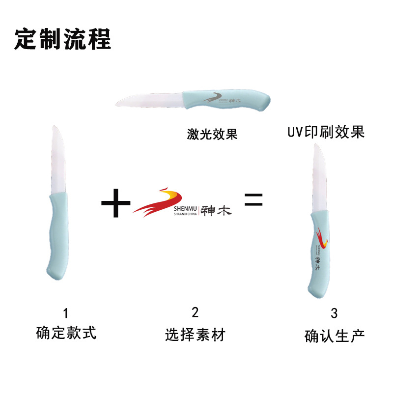 Customized logo fruit knife in Nordic style, multi-color ceramic, short household custom QR code promotional small gift Application Scenario