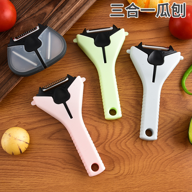 Plastic-handled fruit and vegetable grater, easy to store, three-in-one stainless steel cucumber grater, multi-functional peeler, and scraper full figure