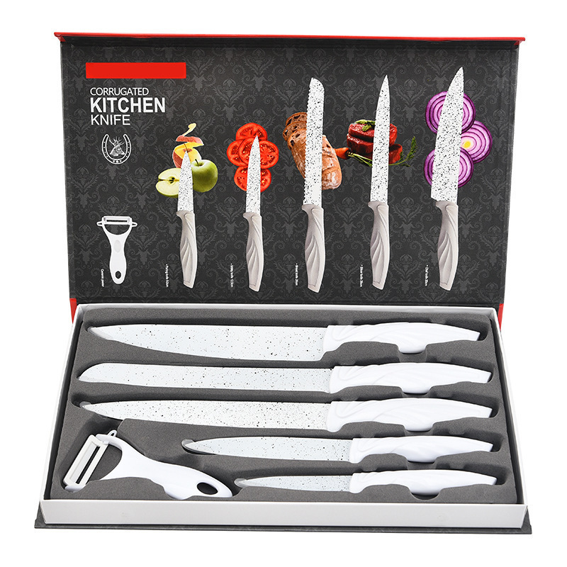Wholesale stainless steel household kitchen white painted phoenix tail six-piece knife set gift knife set in stock Item Picture