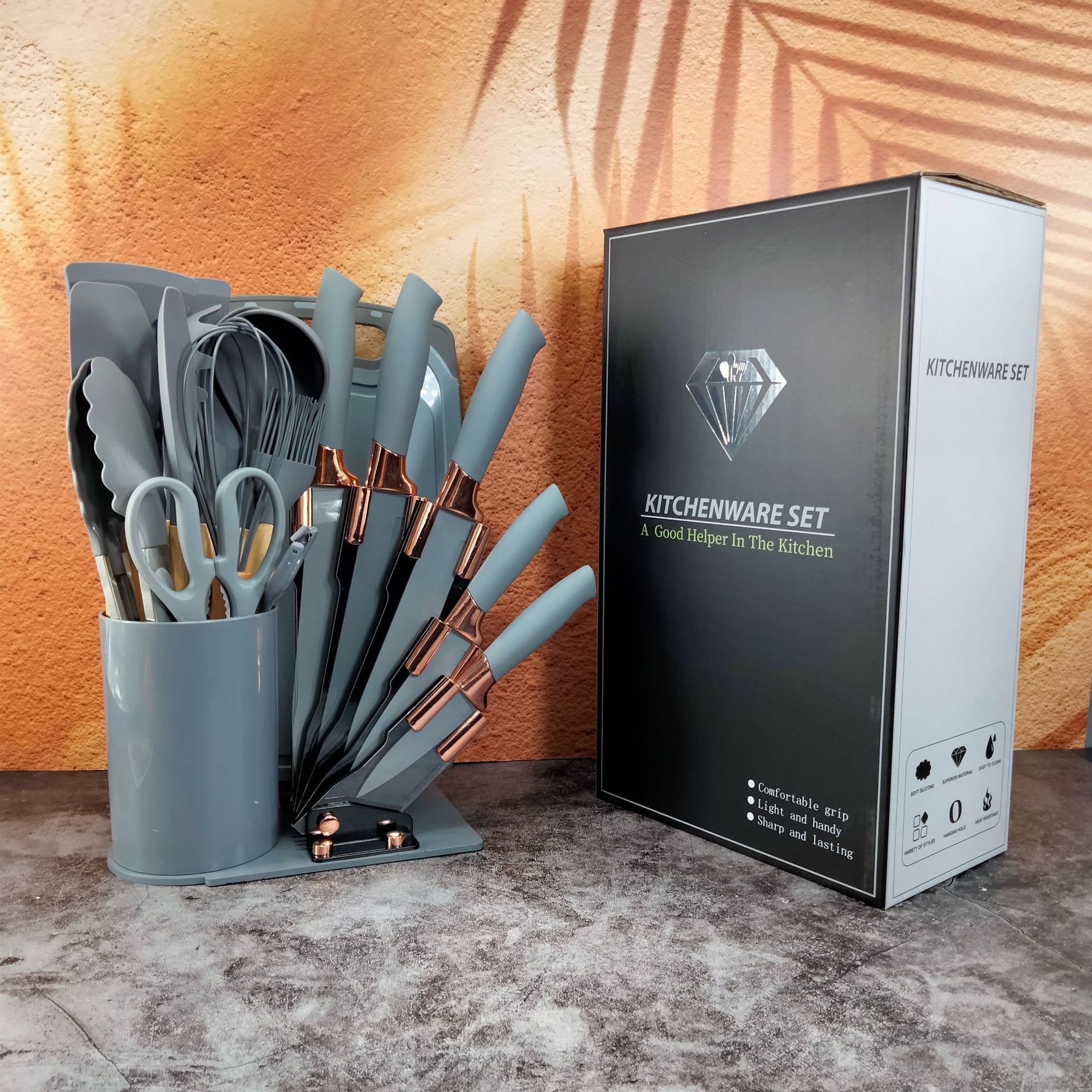Silicone kitchenware knife set 20 pieces, acrylic rose gold base kitchen knives, cooking spatula and spoon set new in stock details Picture
