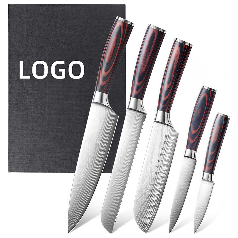 A set of 5 best-selling high-carbon steel kitchen knives, chef knives, bread knives, Santoku knives and Damascus knives on Amazon Item Picture