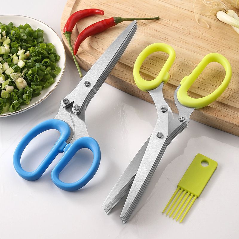 Five-layer scallion scissors, slanted stainless steel scallion scissors, shredded paper scissors, seaweed food scissors, household kitchen multi-layer scissors details Picture