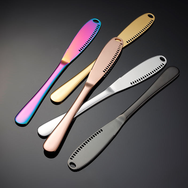 Ain stainless steel cheese knife with round holes, creative design, multi-color titanium-coated cross-border cream knife, baking gift tool Specification drawing