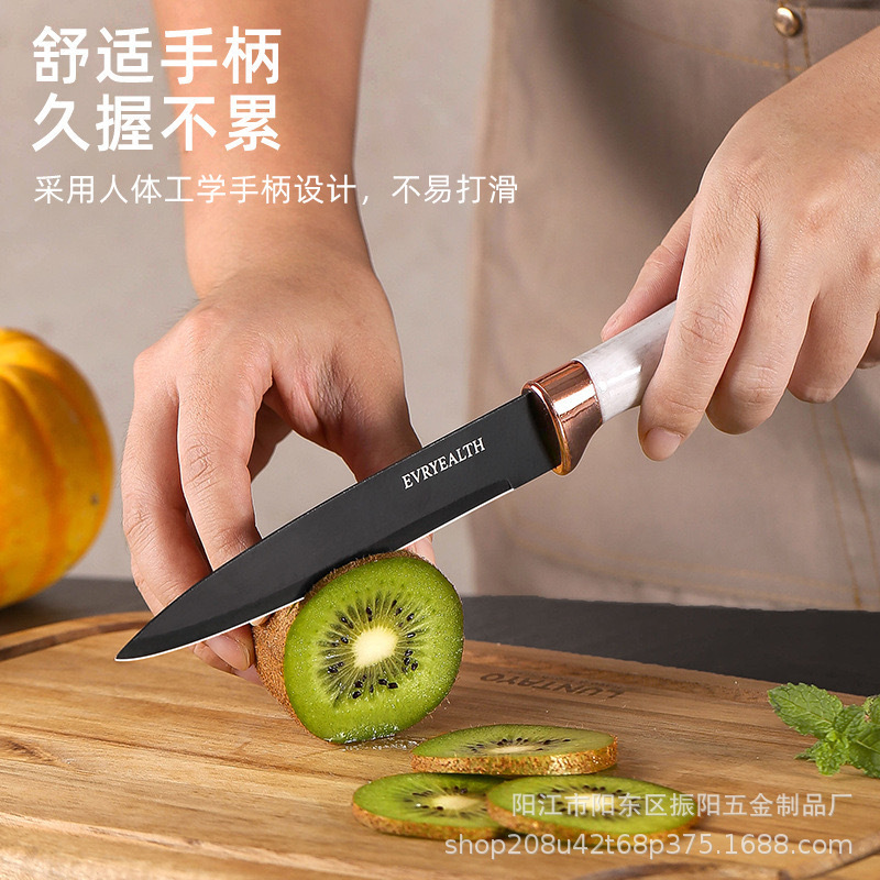 Cross-border best-selling kitchen knife set, 7-piece stainless steel marble-patterned knife set with square base and double electroplated head Specification drawing