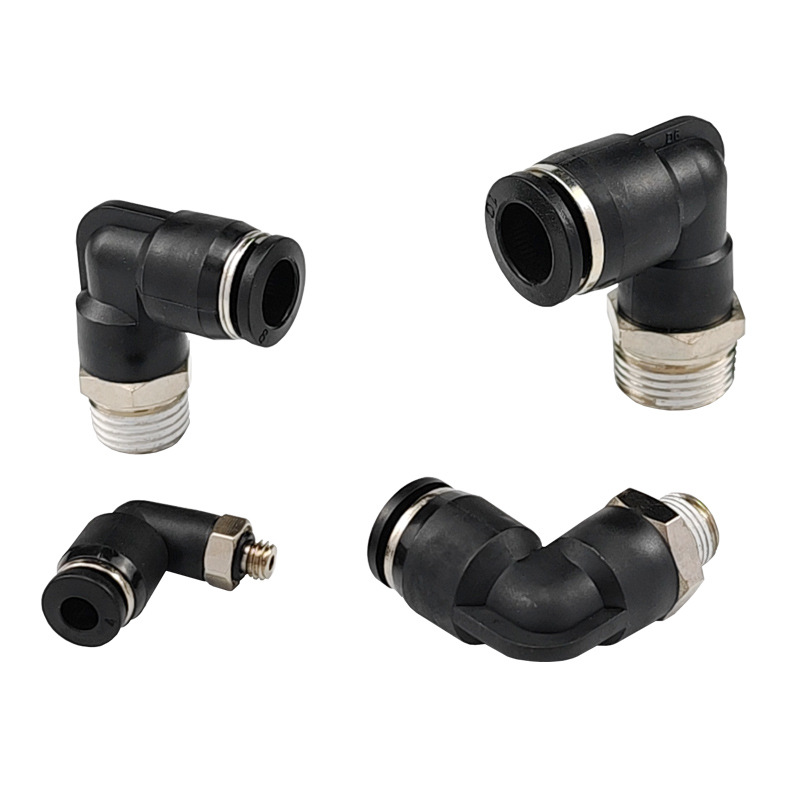 Black pneumatic air pipe connector quick plug, 90-degree L-shaped elbow PL4-M5/6-01/8-02/10-03 Item Picture