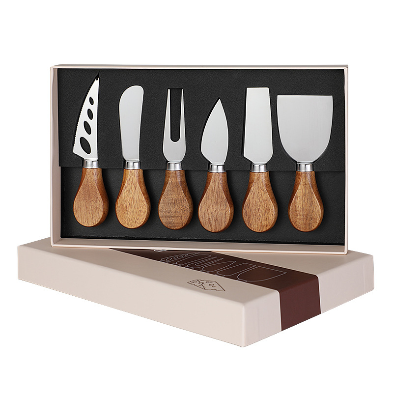 Cross-border in-stock acacia wood-handled cheese knife set, stainless steel cheese knife, table knife gift box, cheese knife 6-piece set Application Scenario