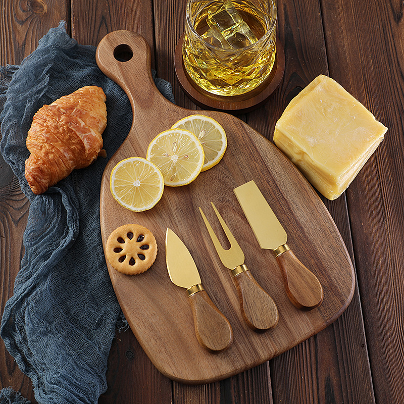 In stock: Acacia wood cutting board, cutting board, steak, Western food, fruit cutting board, cheese and cheese board set, cheese knife three-piece set full figure