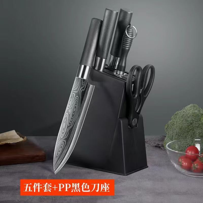 Wholesale of kitchen five-piece sets of stainless steel knives, household damask pattern knives, chopping knives, kitchen knives, chicken bone scissors details Picture