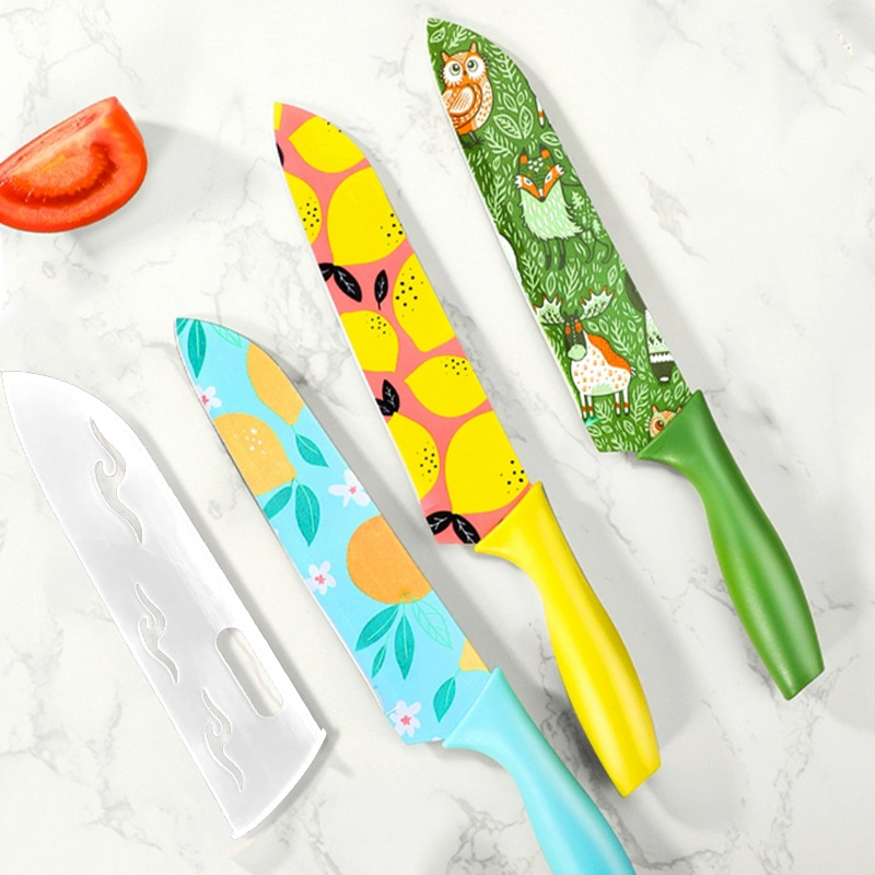 Printed chef's knife, stainless steel fruit knife, kitchen knife, multi-functional Santoku knife, sushi knife, kitchen baby food knife full figure