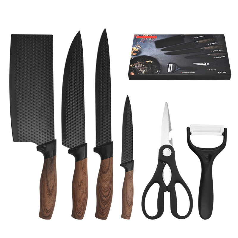 Kitchen stainless steel knife set, fat handle covered six-piece set, hexagonal diamond pattern colorful gift box knives Item Picture