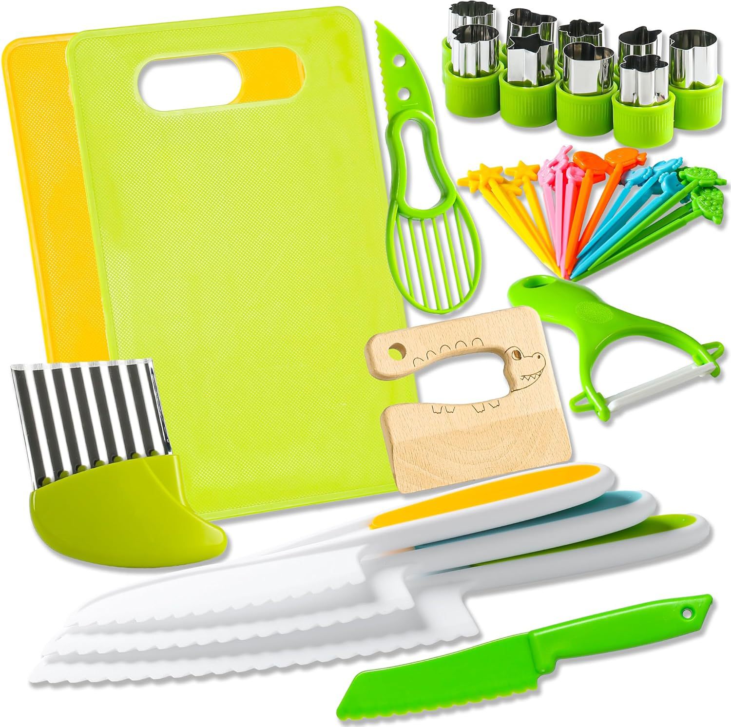 Children's plastic avocado knife, cutting board, fruit slicer, scraper, melon peater, fruit fork, egg beater, kitchenware knife set full figure