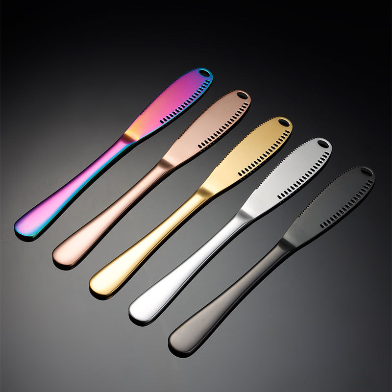 Ain stainless steel cheese knife with round holes, creative design, multi-color titanium-coated cross-border cream knife, baking gift tool details Picture