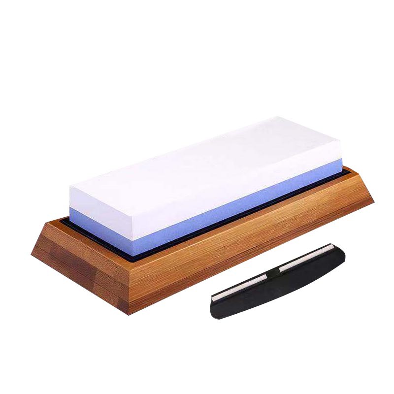 1000/6000 blue and white double-sided white corundum whetstone, oilstone, kitchen whetstone with base, auxiliary knife clamp, cross-border Item Picture