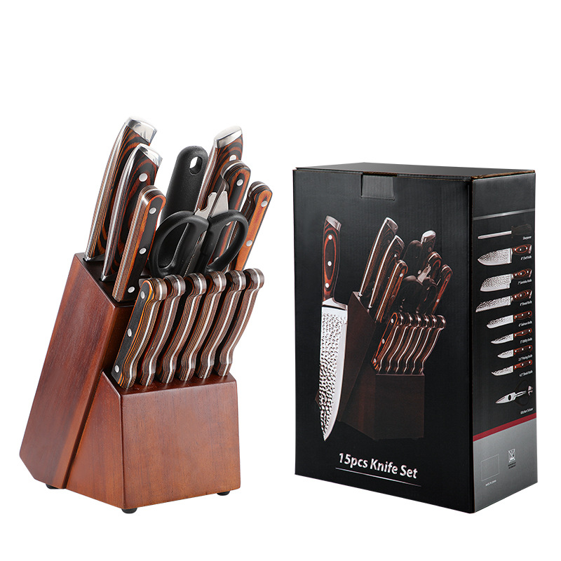 Jiameikang foreign Trade knife set: 15-piece hammer-textured forged chef knives, steel head colored wooden handle kitchen knives in stock Item Picture