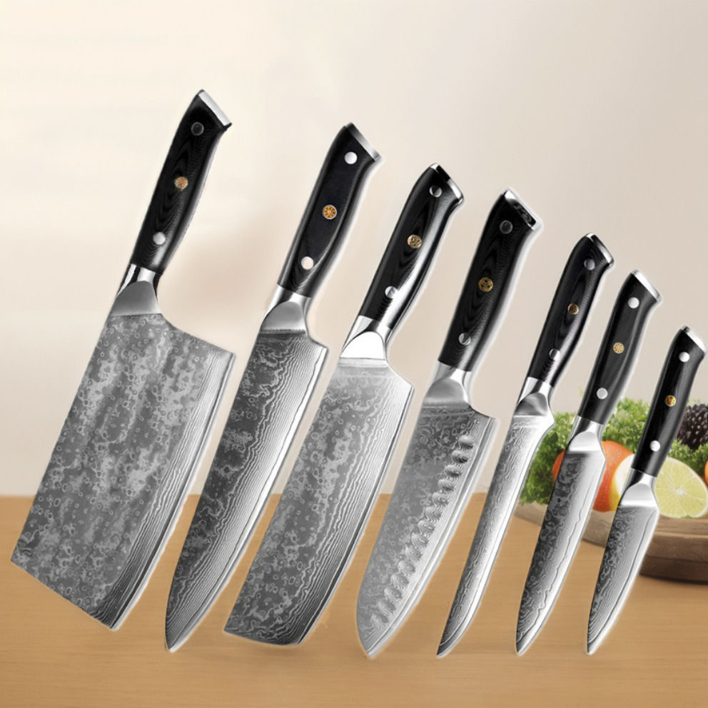 Damascus steel kitchen knife G10 handle meat and bone cutting knife Fruit knife set Western-style kitchen cooking knife set full figure