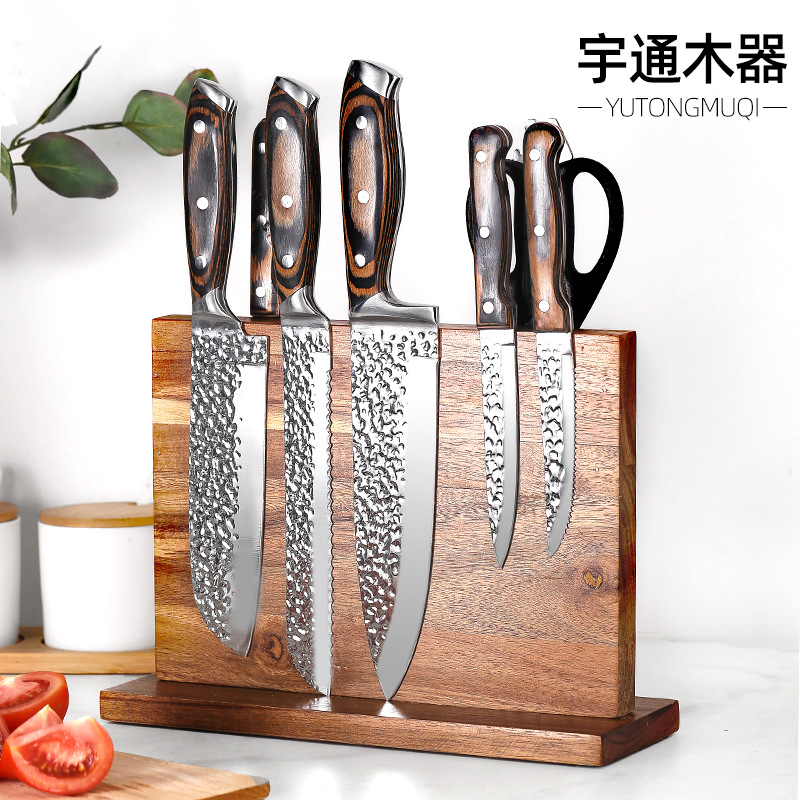 Solid wood double-sided upright magnetic knife holder kitchen knife display stand, multi-functional powerful detachable magnetic knife rack full figure