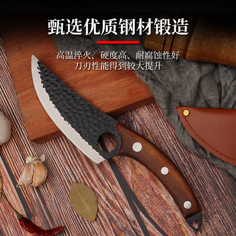 Stainless steel forged hammer-textured boning knife, sharp solid wood handle, slaughterhouse, meat cutting and pig slaughtering knife, household kitchen knife full figure