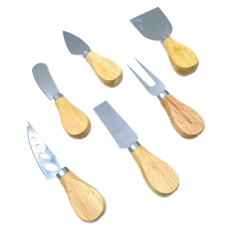 Woodblock cheese knife six-piece set, butter knife, cheese pizza knife, baking cheese knife set Item Picture
