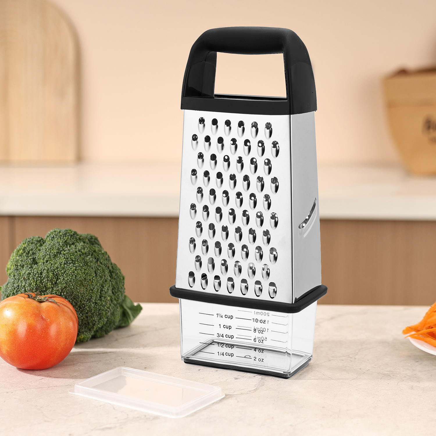 A stainless steel four-sided grater with a bottom box, a vegetable, fruit and potato slicer, a multi-shavings and puree slicer for household use details Picture