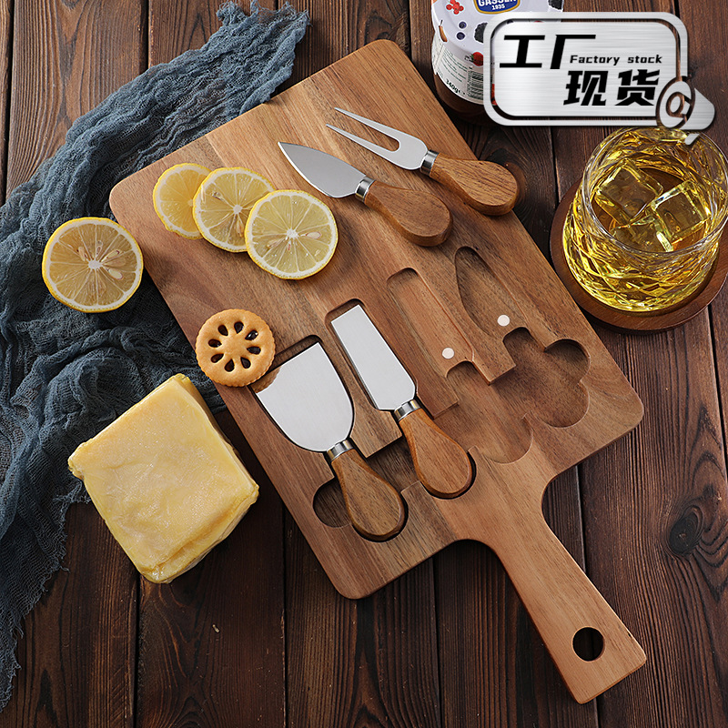 Factory stock: Acacia cheese board set, stainless steel cheese knife, cheese knife set, 4-piece combination knife set full figure