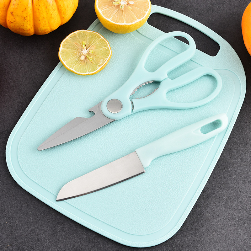 Wholesale stainless steel knife sets, fruit knives, kitchen scissors, peelers, four-piece sets, household plastic cutting board manufacturers Item Picture