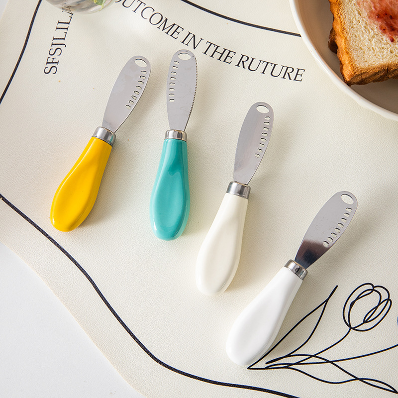 Cross-border stainless steel cheese and butter knife with ceramic handle, multi-functional spreading knife for cheese, jam, cream and peanut butter details Picture