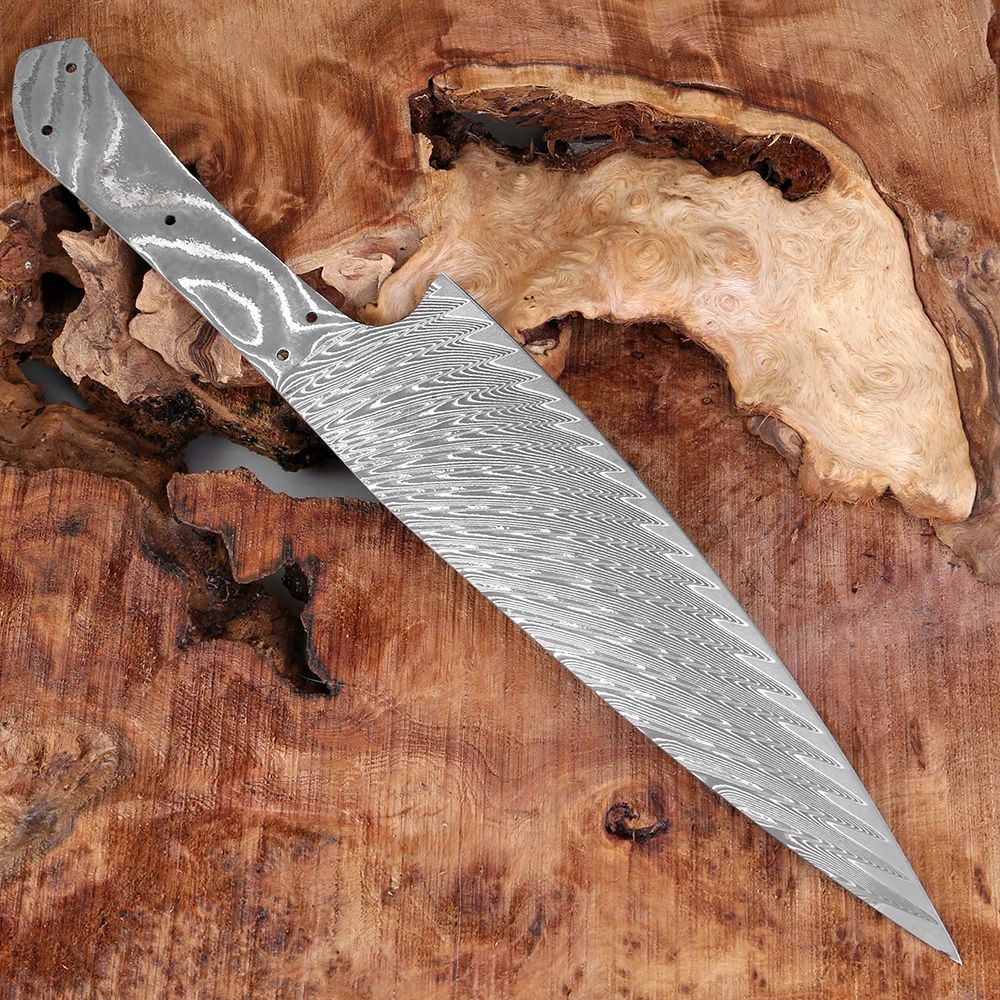 Damascus steel knife blanks, kitchen knife makers, butchers, slicing knives, multi-purpose knives, DIY handcrafted knife blanks, knife accessories, sharp Specification drawing