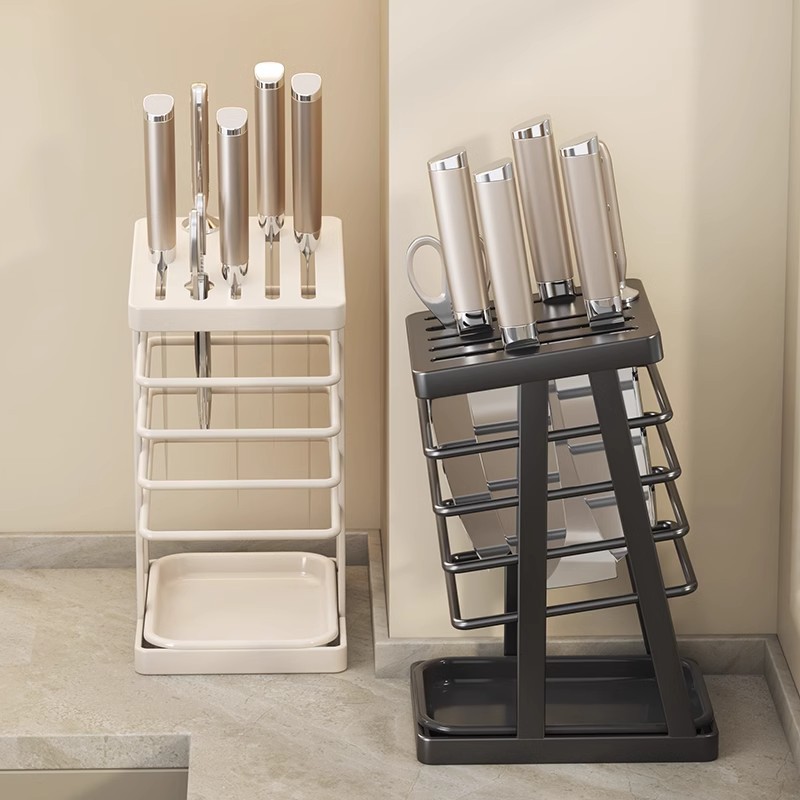 Large capacity kitchen knife rack countertop, carbon steel kitchen knife storage rack, off-white with draining tray, storage knife seat details Picture