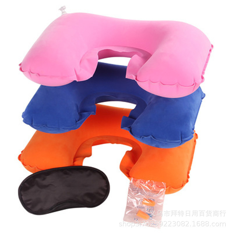 Outdoor inflatable headrest, single-person flocked inflatable pillow, neck pillow, travel pillow, camping pillow, compression inflatable pillow three-piece set details Picture